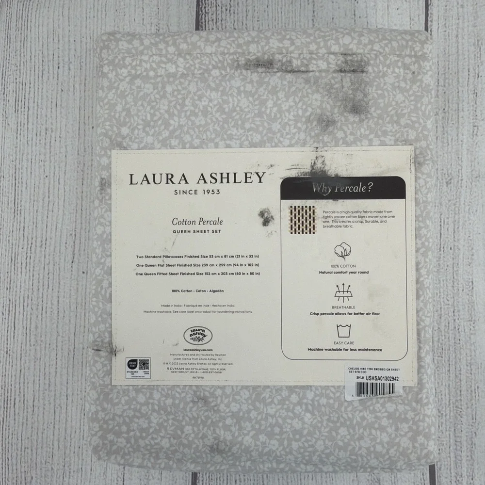 Laura Ashley Sheet Set QUEEN Chelsie Vine Gray White Petite Floral Farmhouse